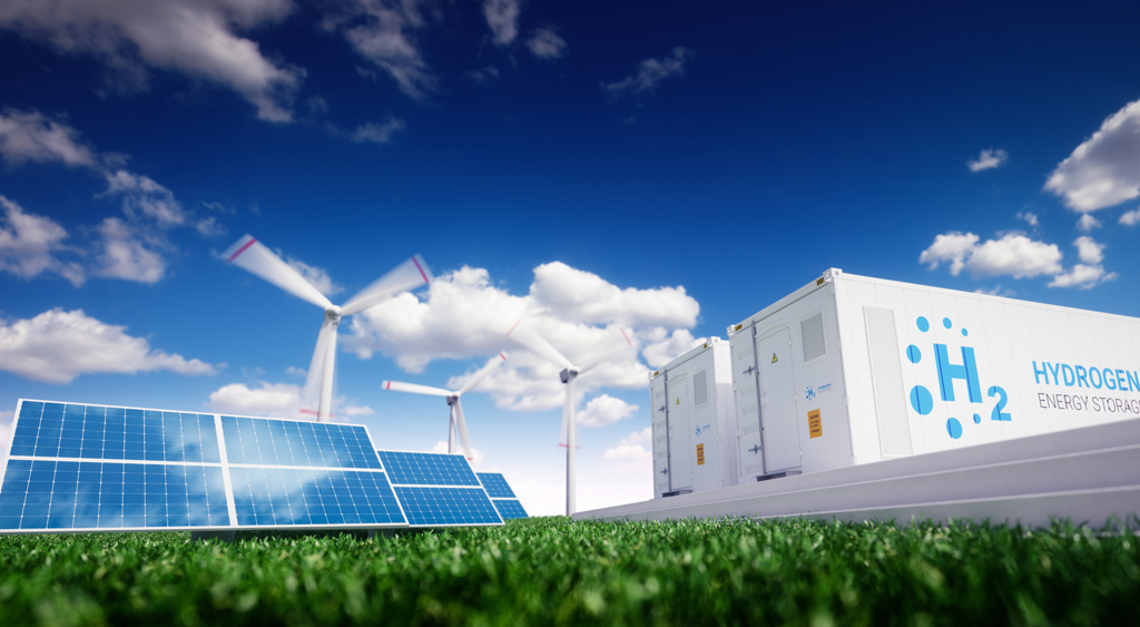 Ecology energy solution. Power to gas concept. Hydrogen energy storage with renewable energy sources - photovoltaic and wind turbine power plant in a fresh nature. 3d rendering.